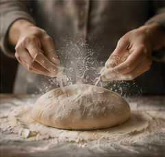 Hands dusting flour over dough