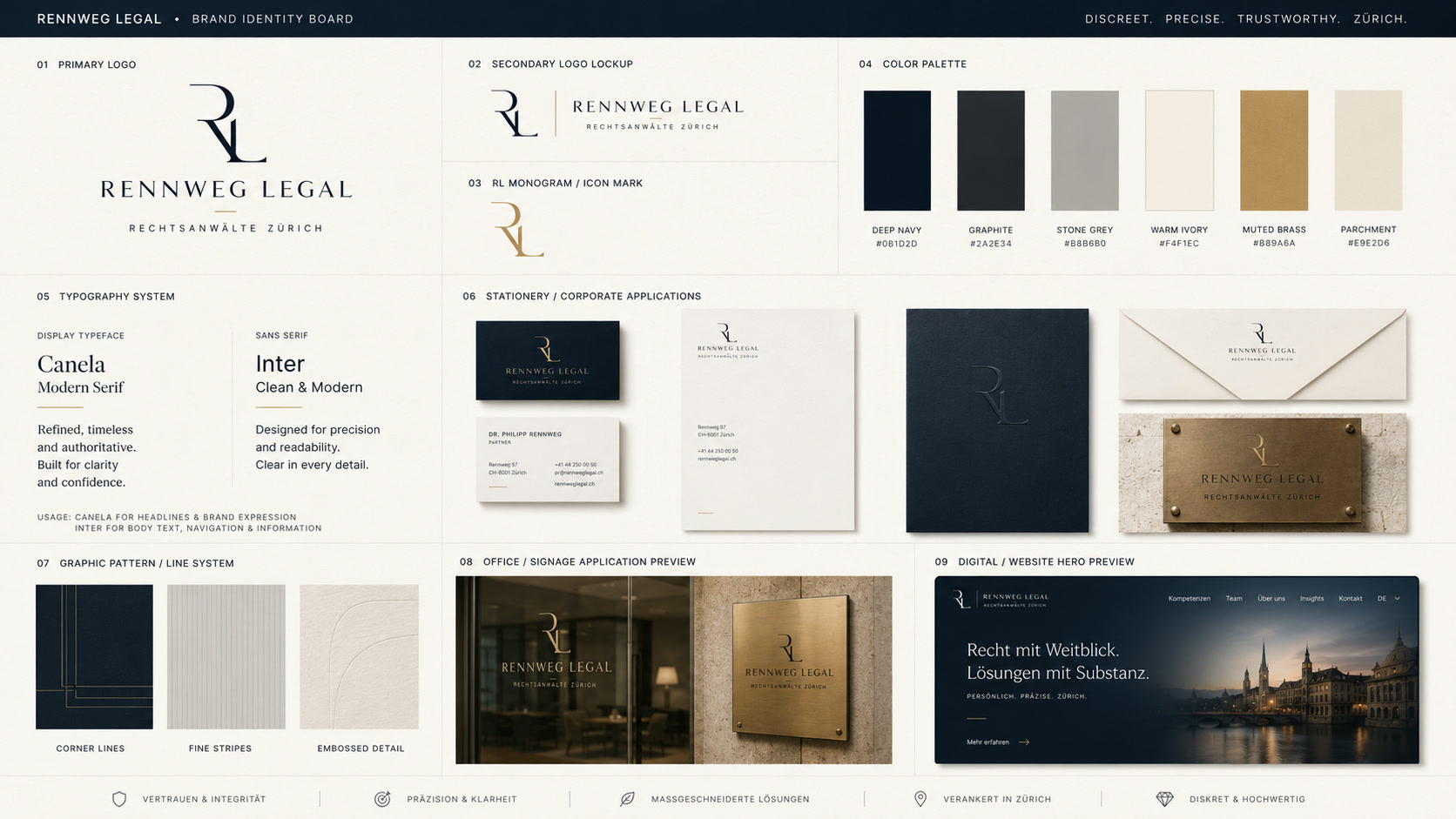 Brand board: stationery, cards, signage and website preview