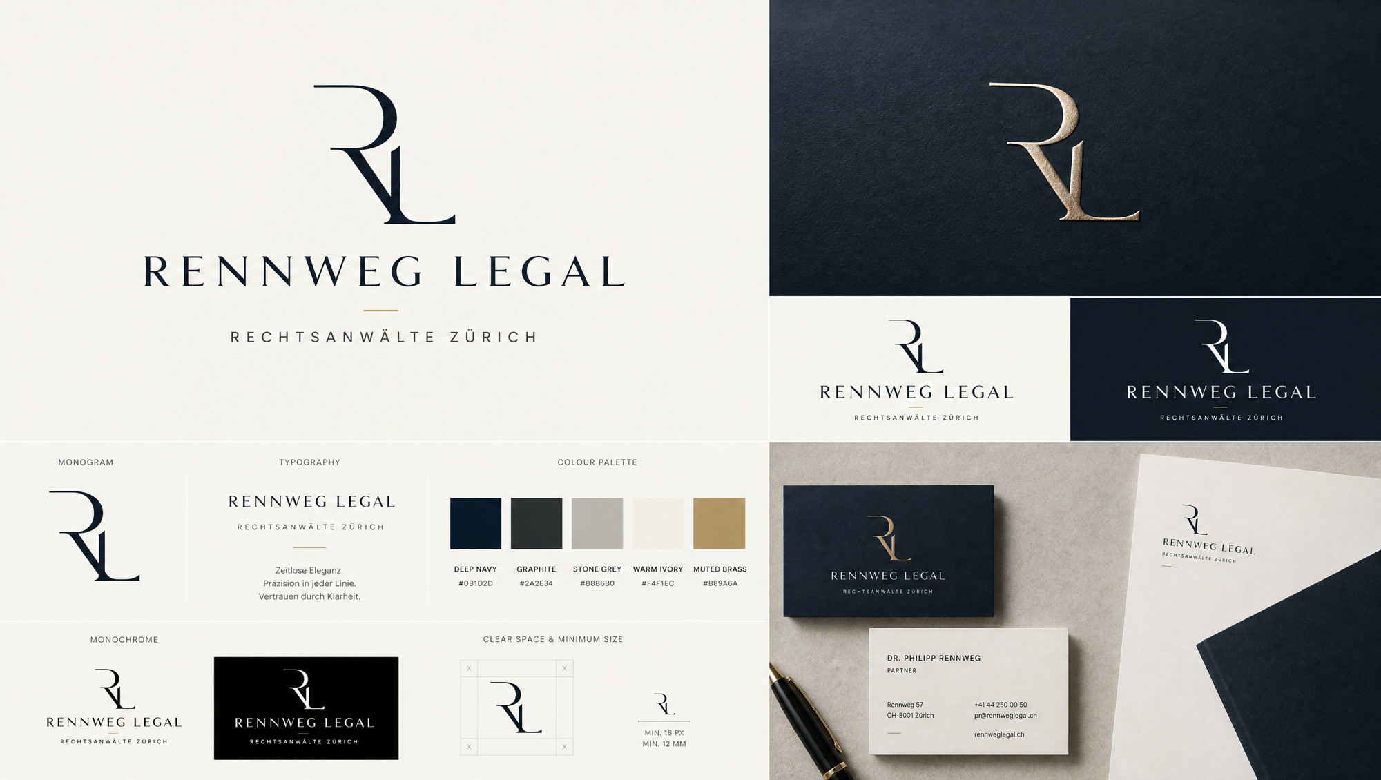 Logo system: monogram, wordmark, applications on navy and ivory